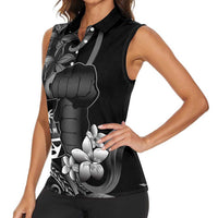 Black Hafa Adai Guam Women Sleeveless Polo Shirt Chamorro Latte Stone Hand With Plumeria