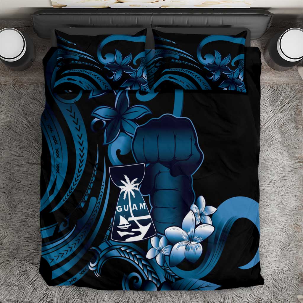 Blue Hafa Adai Guam Bedding Set Chamorro Latte Stone Hand With Plumeria