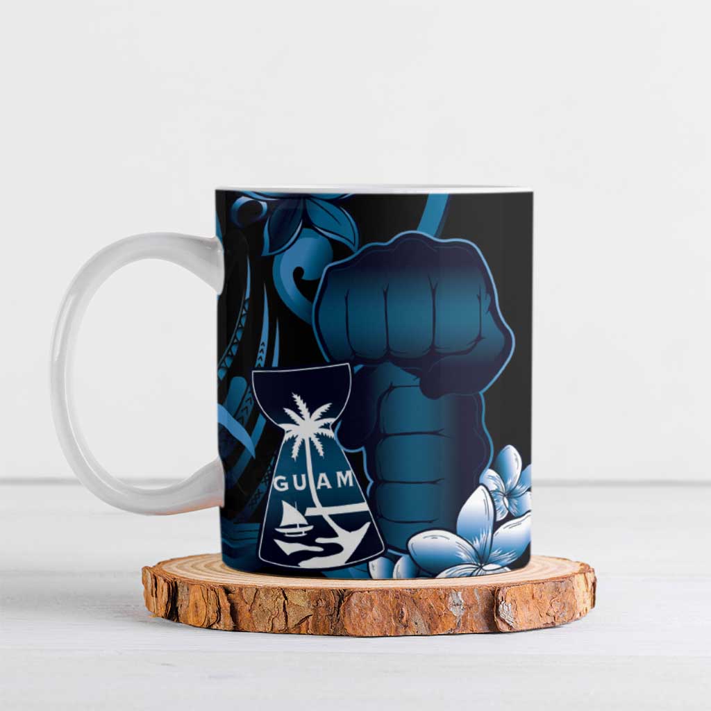 Blue Hafa Adai Guam Ceramic Mug Chamorro Latte Stone Hand With Plumeria - Polynesian Pride