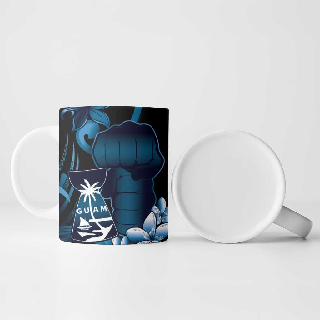 Blue Hafa Adai Guam Ceramic Mug Chamorro Latte Stone Hand With Plumeria - Polynesian Pride
