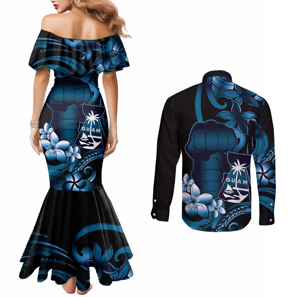 Blue Hafa Adai Guam Couples Matching Mermaid Dress and Long Sleeve Button Shirt Chamorro Latte Stone Hand With Plumeria