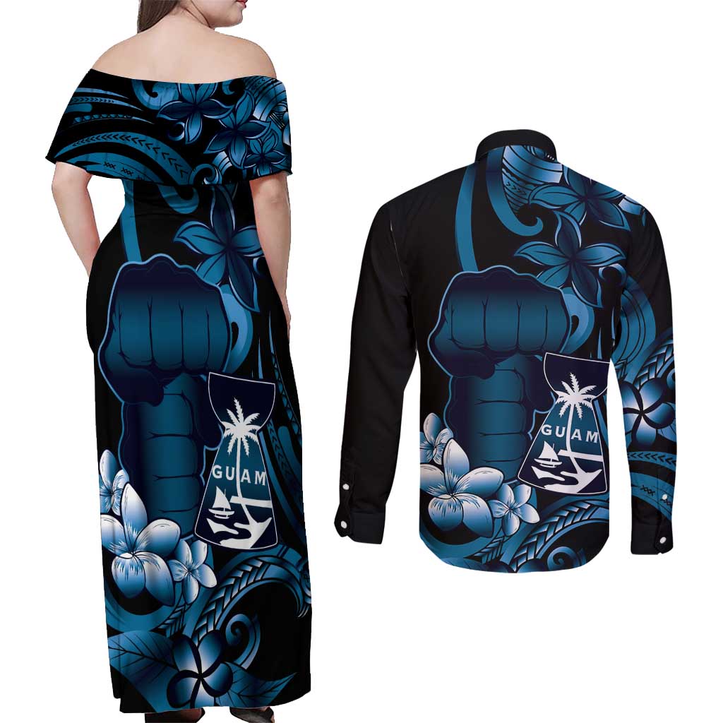 Blue Hafa Adai Guam Couples Matching Off Shoulder Maxi Dress and Long Sleeve Button Shirt Chamorro Latte Stone Hand With Plumeria