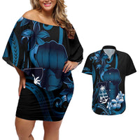 Blue Hafa Adai Guam Couples Matching Off Shoulder Short Dress and Hawaiian Shirt Chamorro Latte Stone Hand With Plumeria