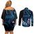 Blue Hafa Adai Guam Couples Matching Off Shoulder Short Dress and Long Sleeve Button Shirt Chamorro Latte Stone Hand With Plumeria