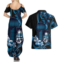 Blue Hafa Adai Guam Couples Matching Summer Maxi Dress and Hawaiian Shirt Chamorro Latte Stone Hand With Plumeria