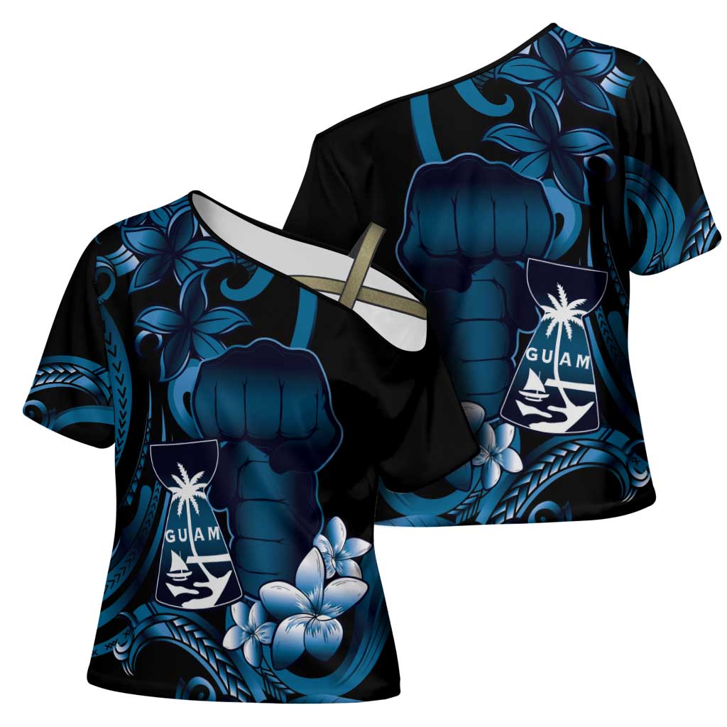 Blue Hafa Adai Guam Cross Shoulder Shirt Chamorro Latte Stone Hand With Plumeria - Polynesian Pride