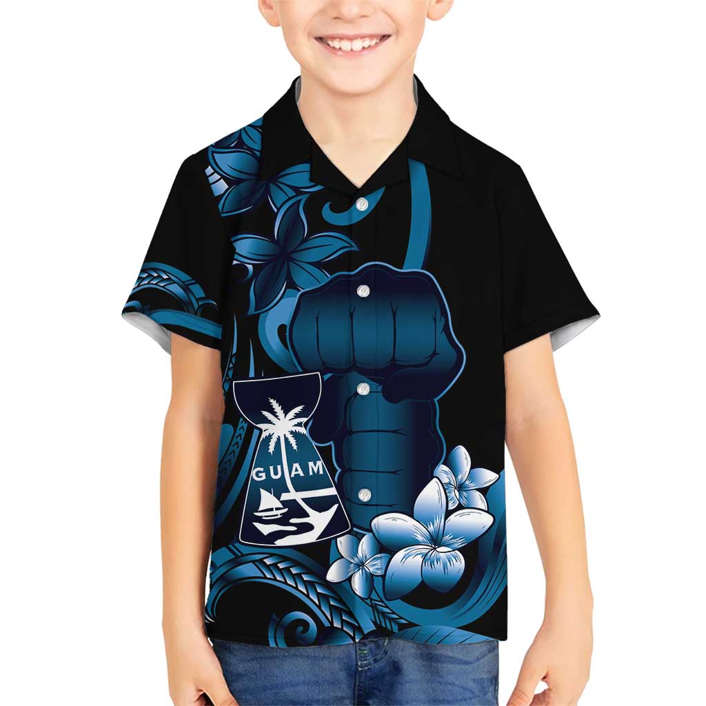 Blue Hafa Adai Guam Family Matching Long Sleeve Bodycon Dress and Hawaiian Shirt Chamorro Latte Stone Hand With Plumeria