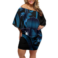 Blue Hafa Adai Guam Family Matching Off Shoulder Short Dress and Hawaiian Shirt Chamorro Latte Stone Hand With Plumeria