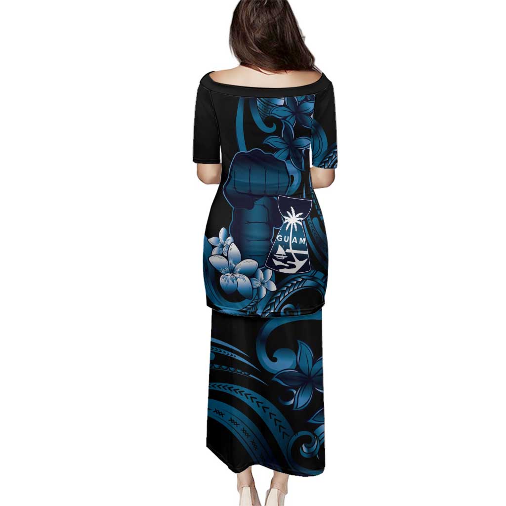 Blue Hafa Adai Guam Family Matching Puletasi and Hawaiian Shirt Chamorro Latte Stone Hand With Plumeria