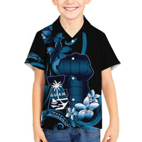 Blue Hafa Adai Guam Family Matching Puletasi and Hawaiian Shirt Chamorro Latte Stone Hand With Plumeria