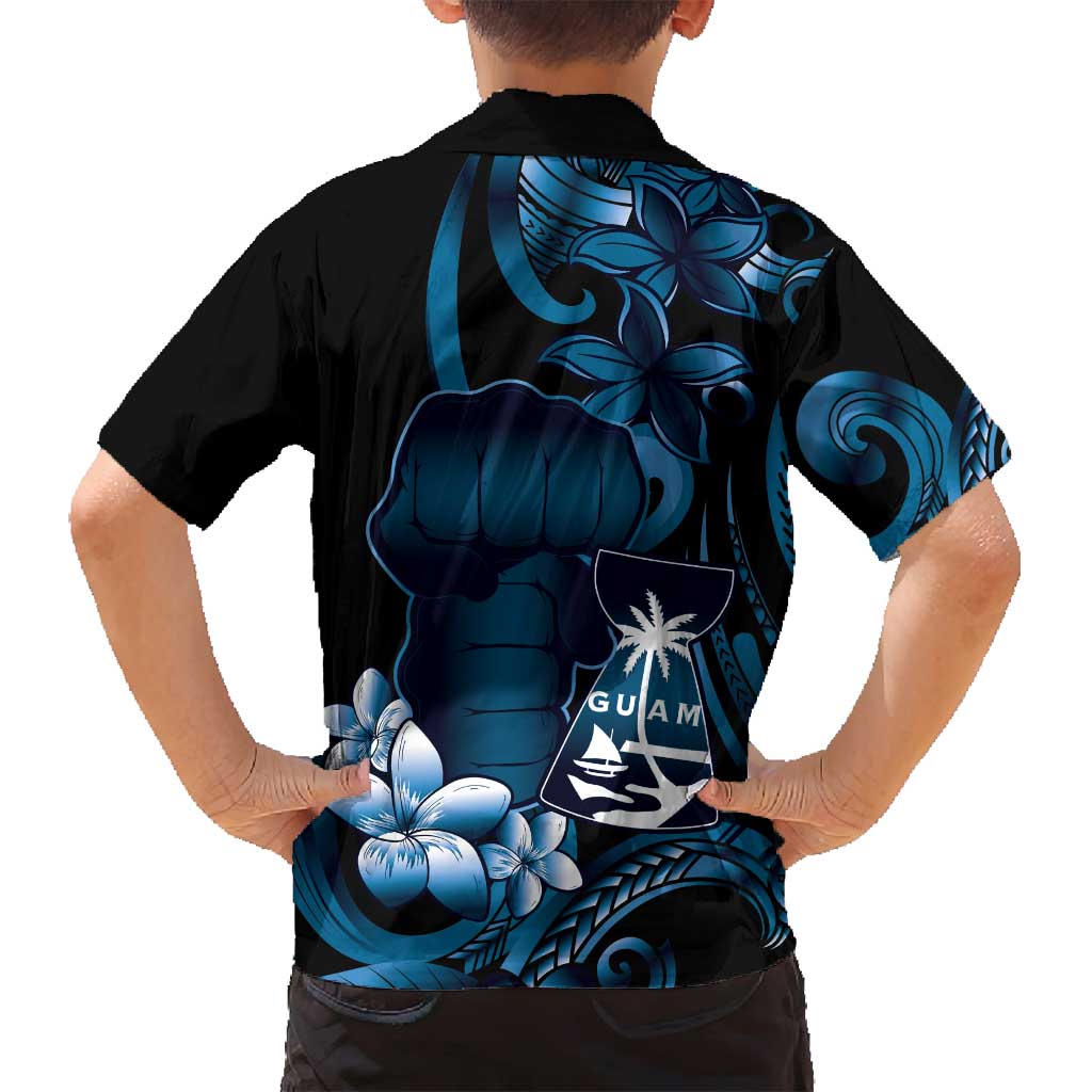 Blue Hafa Adai Guam Family Matching Summer Maxi Dress and Hawaiian Shirt Chamorro Latte Stone Hand With Plumeria