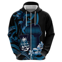 Blue Hafa Adai Guam Hoodie Chamorro Latte Stone Hand With Plumeria