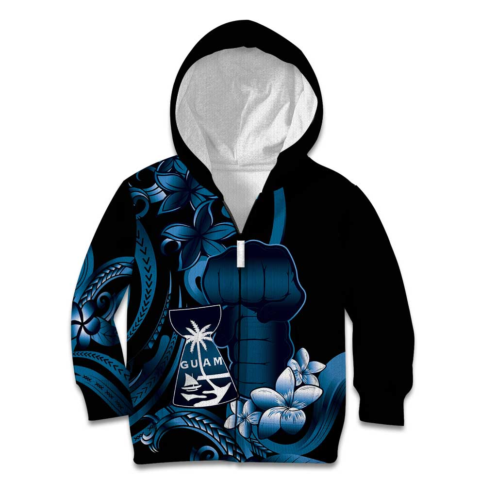 Blue Hafa Adai Guam Kid Hoodie Chamorro Latte Stone Hand With Plumeria