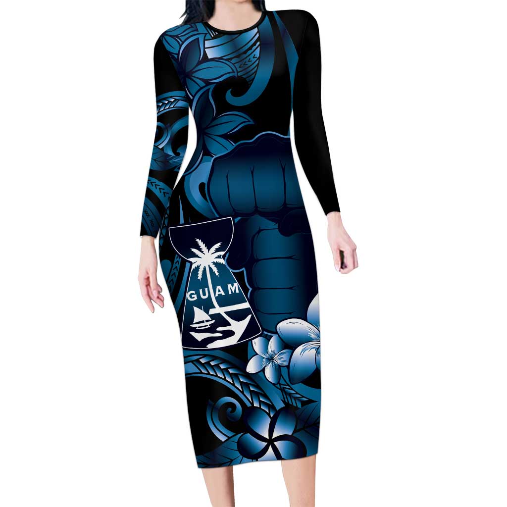 Blue Hafa Adai Guam Long Sleeve Bodycon Dress Chamorro Latte Stone Hand With Plumeria