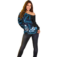 Blue Hafa Adai Guam Off Shoulder Sweater Chamorro Latte Stone Hand With Plumeria