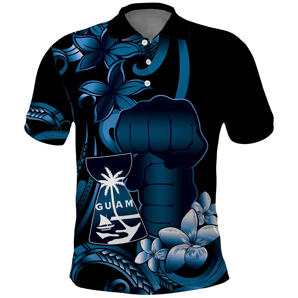 Blue Hafa Adai Guam Polo Shirt Chamorro Latte Stone Hand With Plumeria
