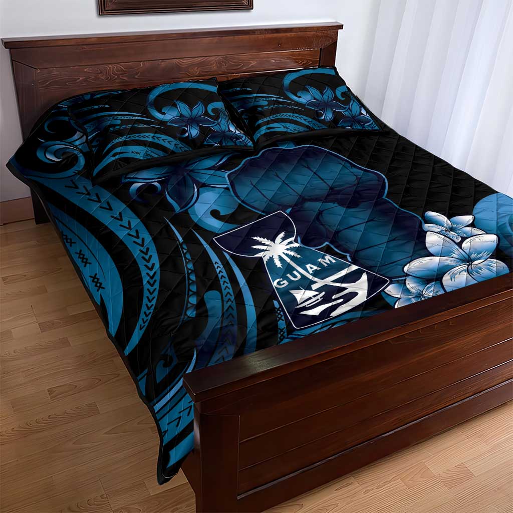 Blue Hafa Adai Guam Quilt Bed Set Chamorro Latte Stone Hand With Plumeria
