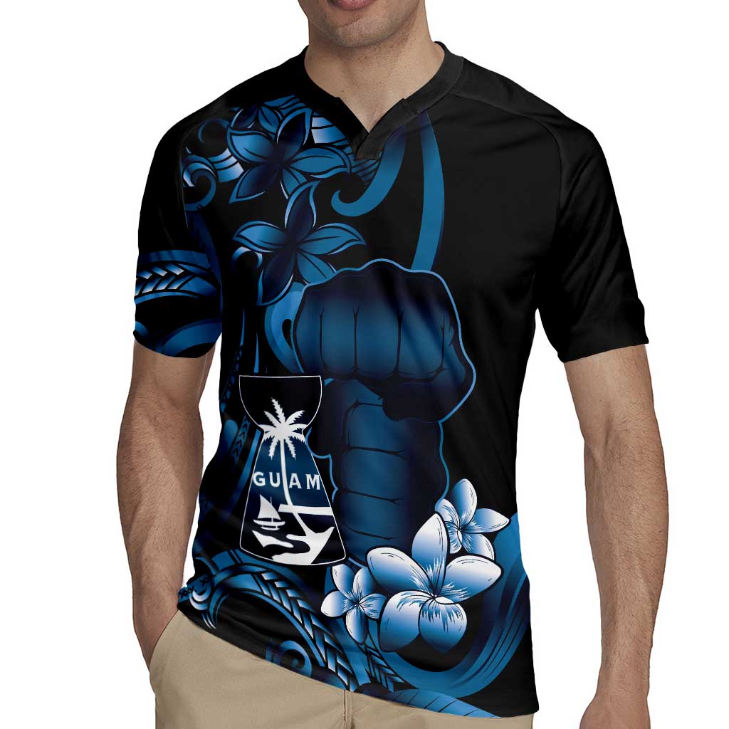 Blue Hafa Adai Guam Rugby Jersey Chamorro Latte Stone Hand With Plumeria