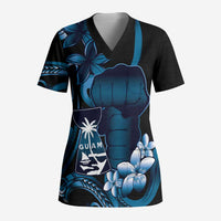 Blue Hafa Adai Guam Scrub Top Chamorro Latte Stone Hand With Plumeria - Polynesian Pride
