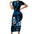 Blue Hafa Adai Guam Short Sleeve Bodycon Dress Chamorro Latte Stone Hand With Plumeria