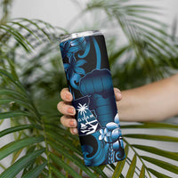 Blue Hafa Adai Guam Skinny Tumbler Chamorro Latte Stone Hand With Plumeria
