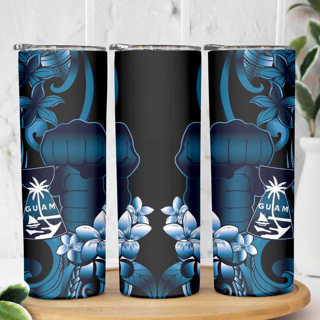 Blue Hafa Adai Guam Skinny Tumbler Chamorro Latte Stone Hand With Plumeria