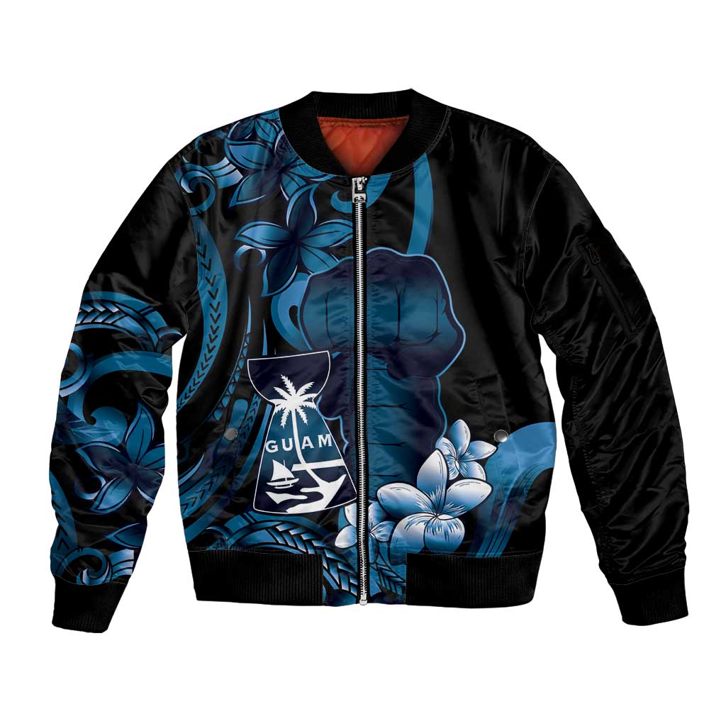 Blue Hafa Adai Guam Sleeve Zip Bomber Jacket Chamorro Latte Stone Hand With Plumeria