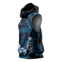 Blue Hafa Adai Guam Sleeveless Hoodie Chamorro Latte Stone Hand With Plumeria - Polynesian Pride