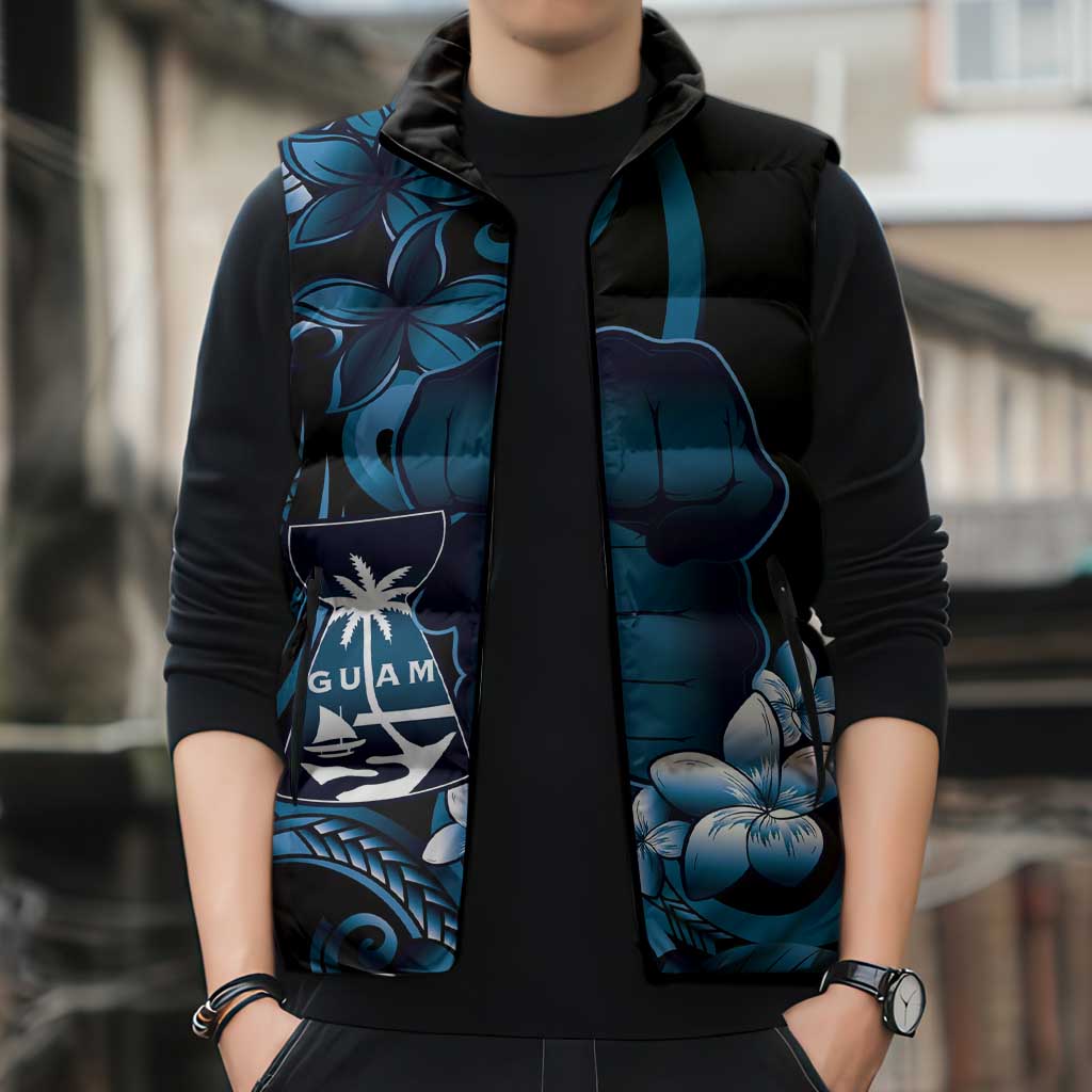Blue Hafa Adai Guam Sleeveless Puffer Jacket Chamorro Latte Stone Hand With Plumeria - Polynesian Pride