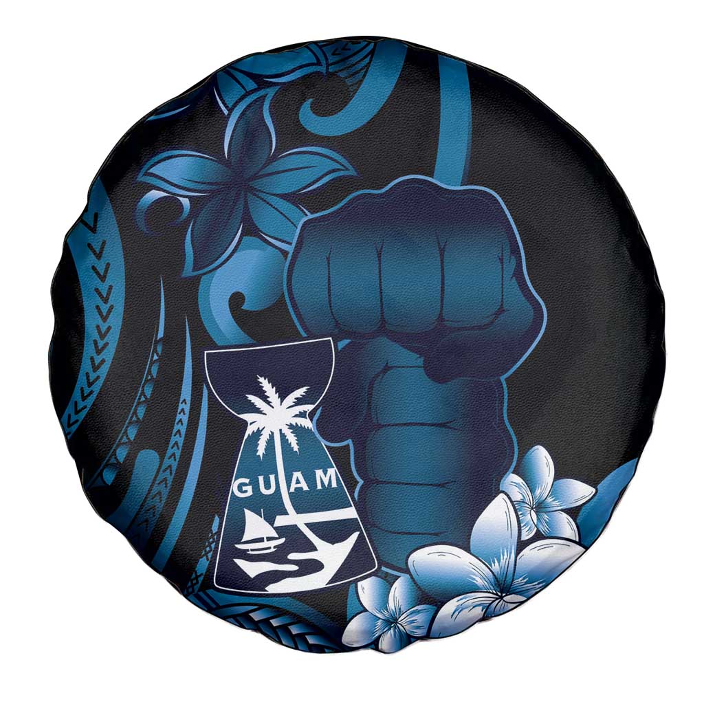 Blue Hafa Adai Guam Spare Tire Cover Chamorro Latte Stone Hand With Plumeria