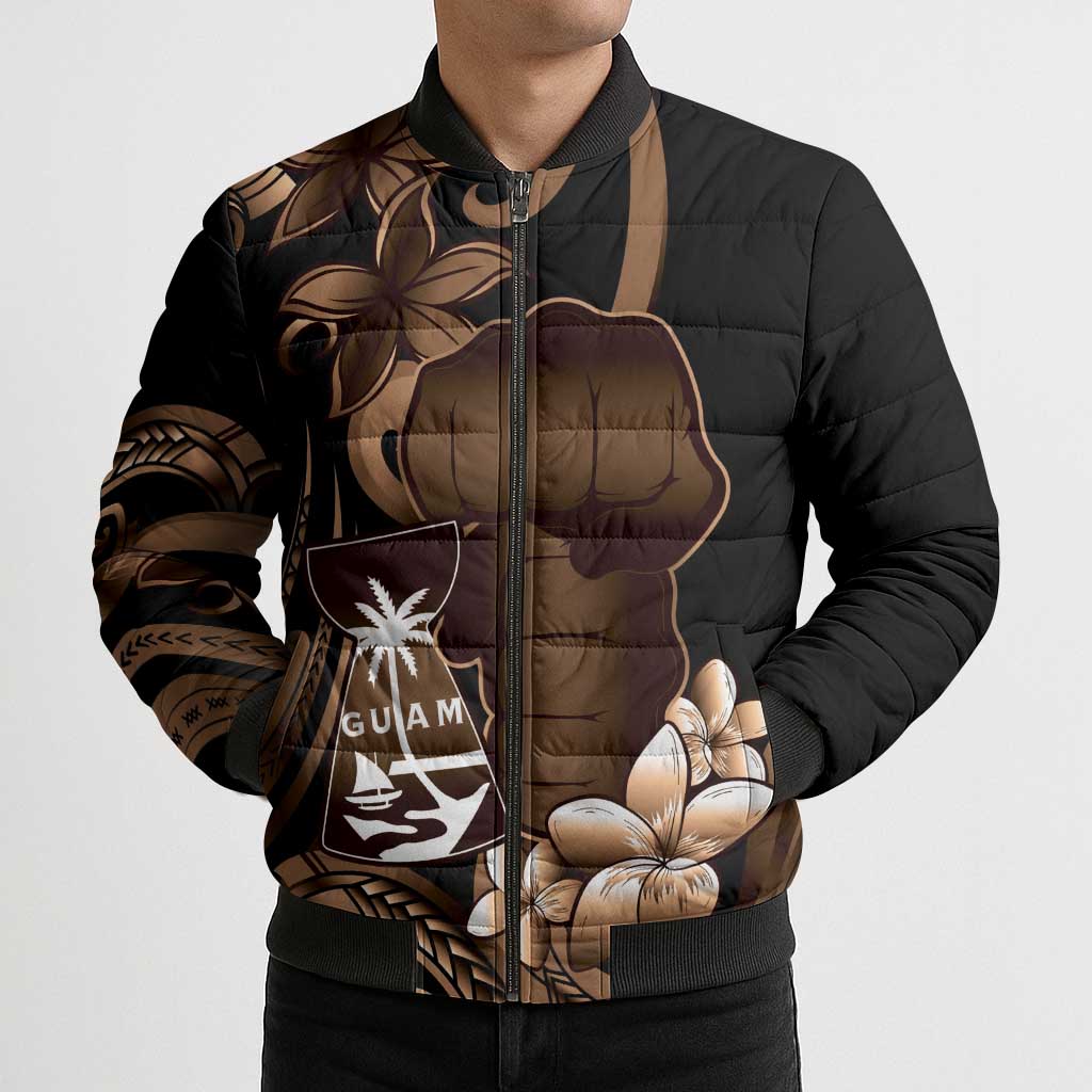 Brown Hafa Adai Guam Bomber Puffer Jacket Chamorro Latte Stone Hand With Plumeria - Polynesian Pride