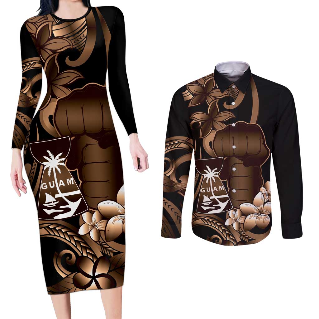 Brown Hafa Adai Guam Couples Matching Long Sleeve Bodycon Dress and Long Sleeve Button Shirt Chamorro Latte Stone Hand With Plumeria