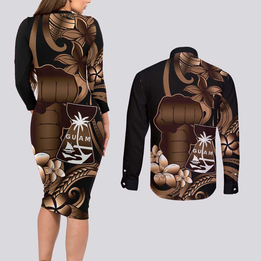 Brown Hafa Adai Guam Couples Matching Long Sleeve Bodycon Dress and Long Sleeve Button Shirt Chamorro Latte Stone Hand With Plumeria