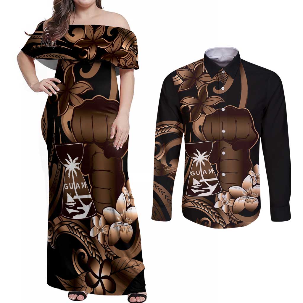 Brown Hafa Adai Guam Couples Matching Off Shoulder Maxi Dress and Long Sleeve Button Shirt Chamorro Latte Stone Hand With Plumeria
