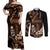 Brown Hafa Adai Guam Couples Matching Off Shoulder Maxi Dress and Long Sleeve Button Shirt Chamorro Latte Stone Hand With Plumeria