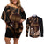 Brown Hafa Adai Guam Couples Matching Off Shoulder Short Dress and Long Sleeve Button Shirt Chamorro Latte Stone Hand With Plumeria