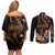 Brown Hafa Adai Guam Couples Matching Off Shoulder Short Dress and Long Sleeve Button Shirt Chamorro Latte Stone Hand With Plumeria