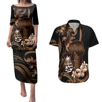 Brown Hafa Adai Guam Couples Matching Puletasi and Hawaiian Shirt Chamorro Latte Stone Hand With Plumeria