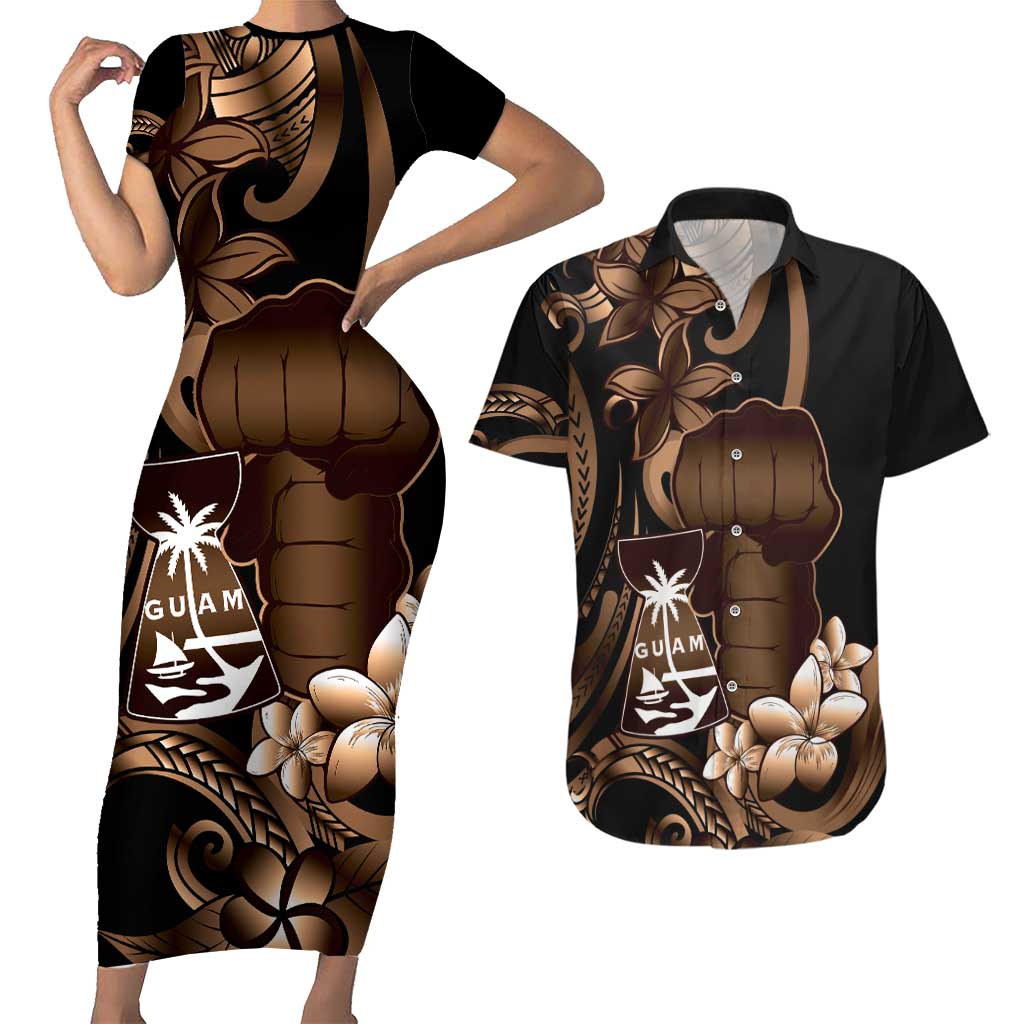 Brown Hafa Adai Guam Couples Matching Short Sleeve Bodycon Dress and Hawaiian Shirt Chamorro Latte Stone Hand With Plumeria