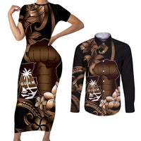 Brown Hafa Adai Guam Couples Matching Short Sleeve Bodycon Dress and Long Sleeve Button Shirt Chamorro Latte Stone Hand With Plumeria