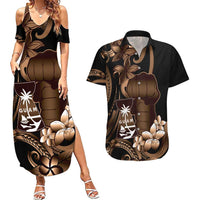 Brown Hafa Adai Guam Couples Matching Summer Maxi Dress and Hawaiian Shirt Chamorro Latte Stone Hand With Plumeria