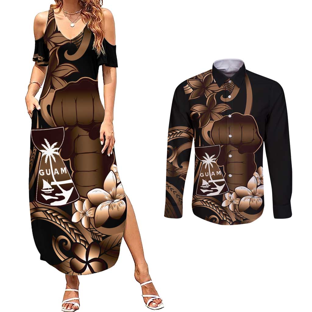 Brown Hafa Adai Guam Couples Matching Summer Maxi Dress and Long Sleeve Button Shirt Chamorro Latte Stone Hand With Plumeria