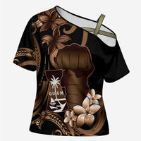Brown Hafa Adai Guam Cross Shoulder Shirt Chamorro Latte Stone Hand With Plumeria - Polynesian Pride