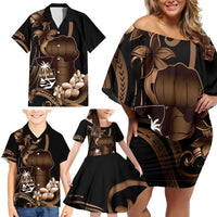 Brown Hafa Adai Guam Family Matching Off Shoulder Short Dress and Hawaiian Shirt Chamorro Latte Stone Hand With Plumeria