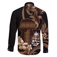 Brown Hafa Adai Guam Family Matching Summer Maxi Dress and Hawaiian Shirt Chamorro Latte Stone Hand With Plumeria