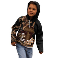 Brown Hafa Adai Guam Kid Hoodie Chamorro Latte Stone Hand With Plumeria