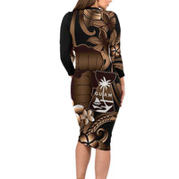 Brown Hafa Adai Guam Long Sleeve Bodycon Dress Chamorro Latte Stone Hand With Plumeria