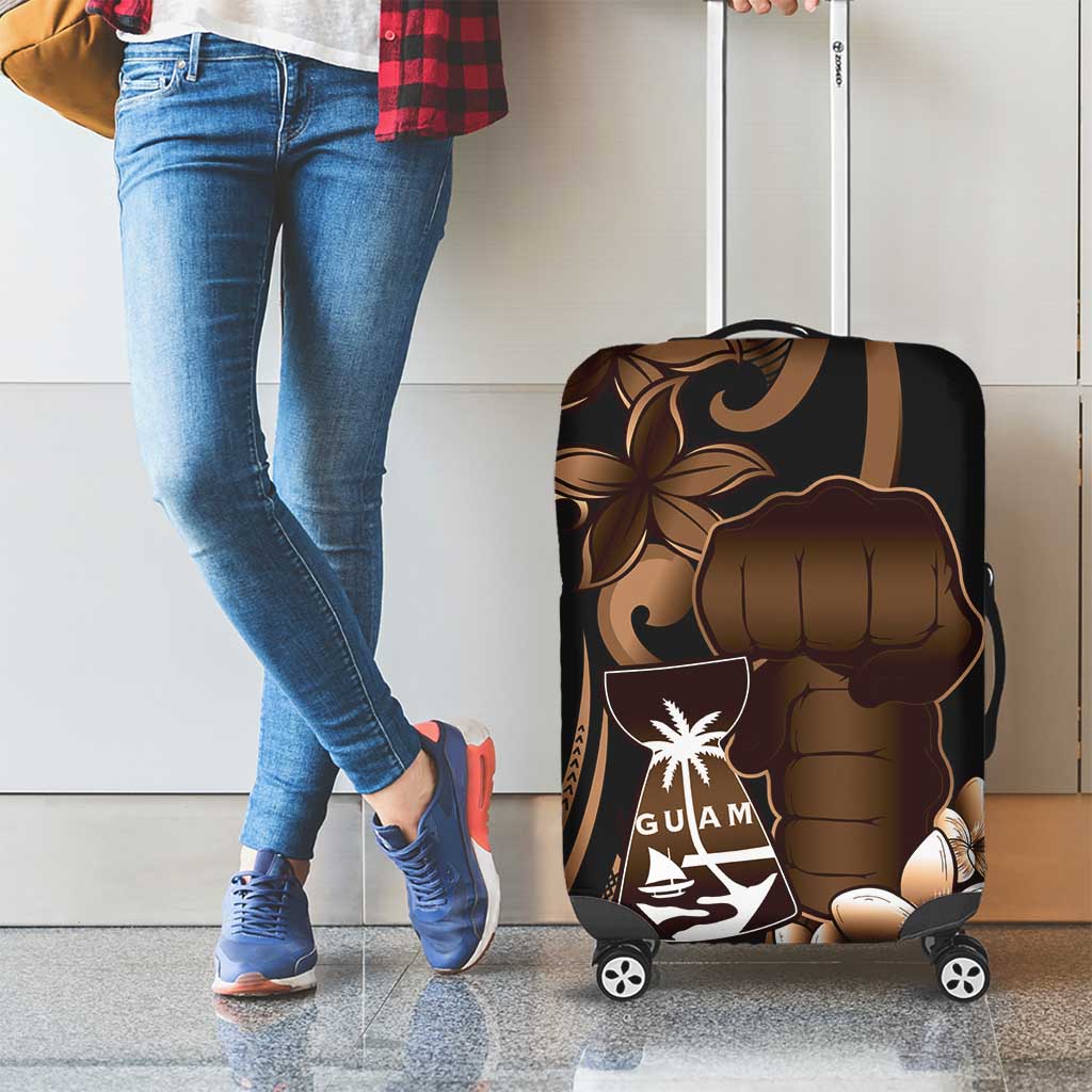 Brown Hafa Adai Guam Luggage Cover Chamorro Latte Stone Hand With Plumeria