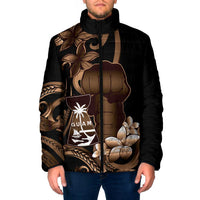 Brown Hafa Adai Guam Padded Jacket Chamorro Latte Stone Hand With Plumeria - Polynesian Pride
