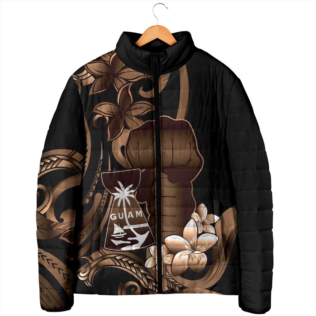 Brown Hafa Adai Guam Padded Jacket Chamorro Latte Stone Hand With Plumeria - Polynesian Pride